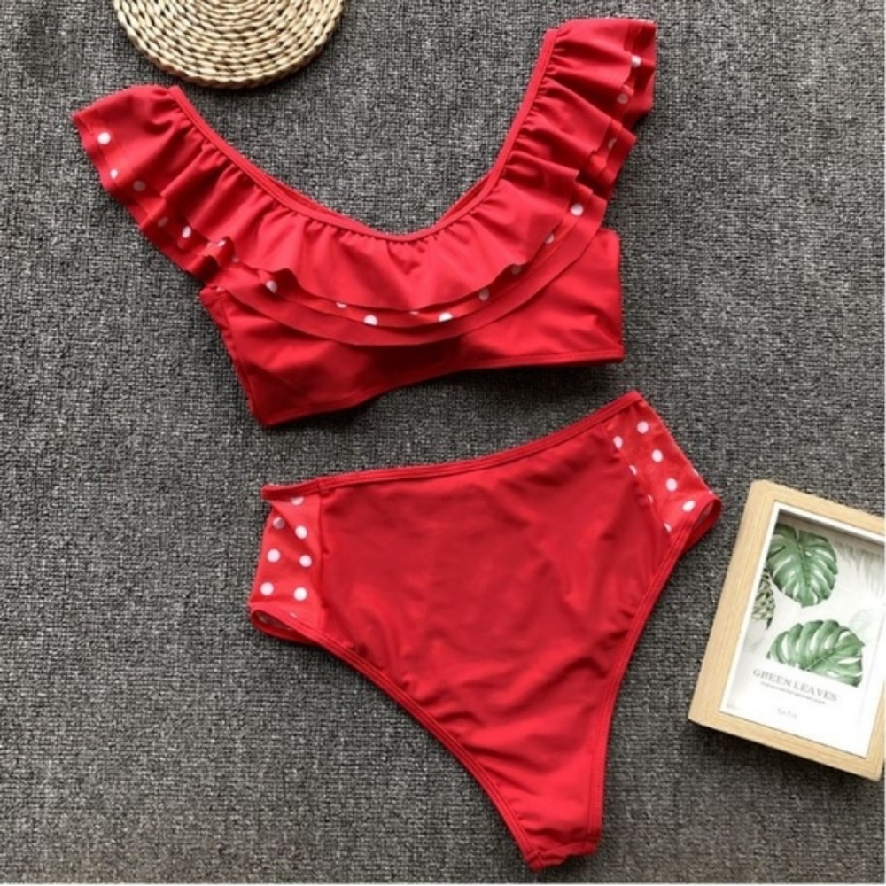 Boutique Red Ruffle High Waist Fashion Swim Suit - Picture 4 of 8